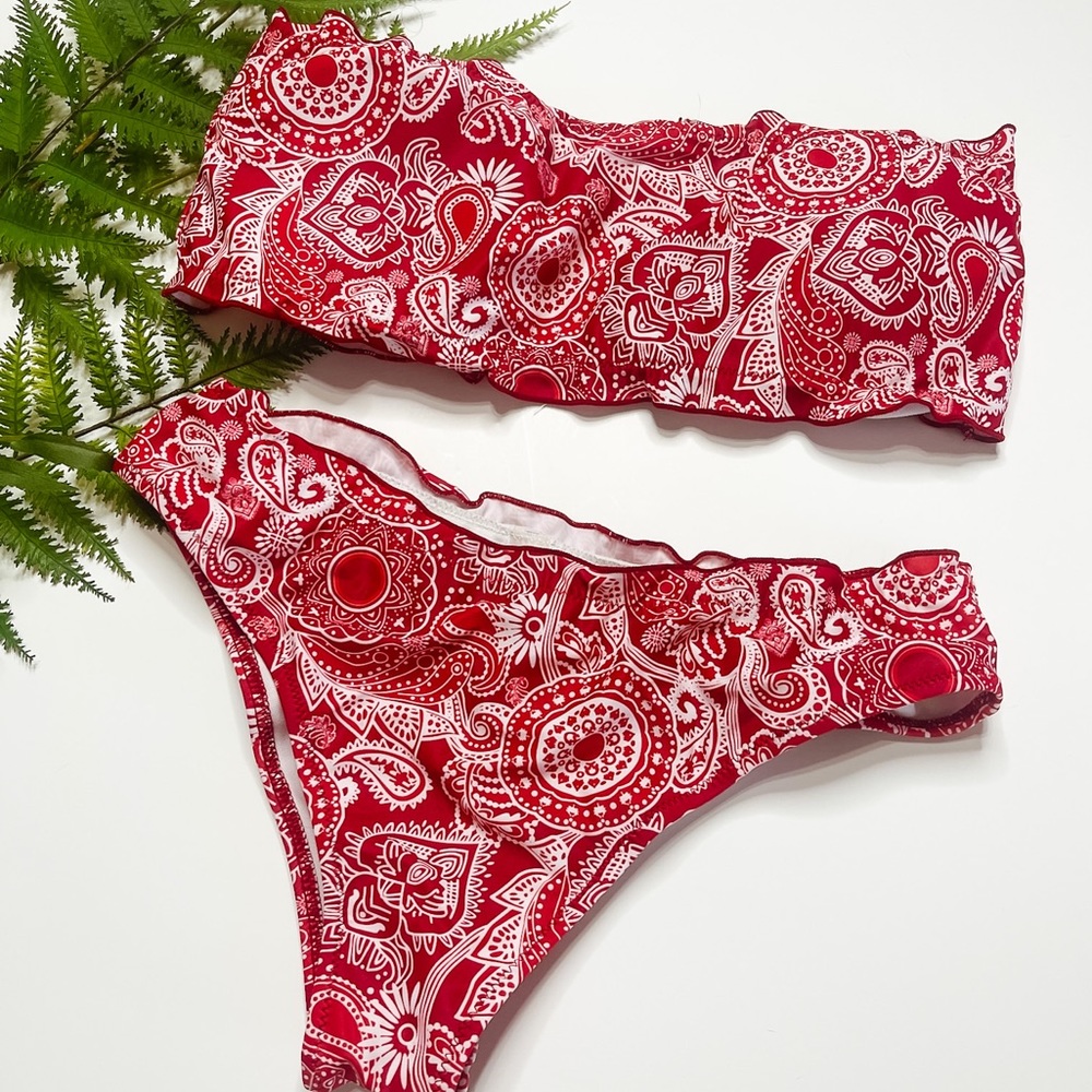 Shein red bandanna patterned ruffled strapless cheeky two piece bikini
